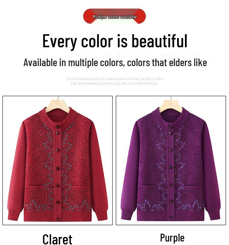 Round Neck Knitted Cardigan for Middle-Aged and Elderly Women - Grandma Style Sweater for Spring and Autumn