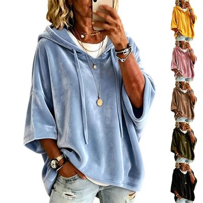 Kadın 3/4 Kollu Kadife Kapüşonlu Renkli Günlük Pullover Üst