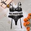European and American Lace Embroidery Perspective Sex Underwear Sexy Mesh Bra Thong Garter Belt Three-piece Set