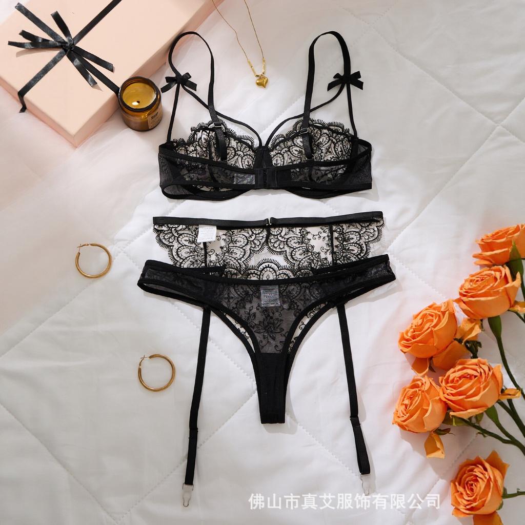 European and American Lace Embroidery Perspective Sex Underwear Sexy Mesh Bra Thong Garter Belt Three-piece Set