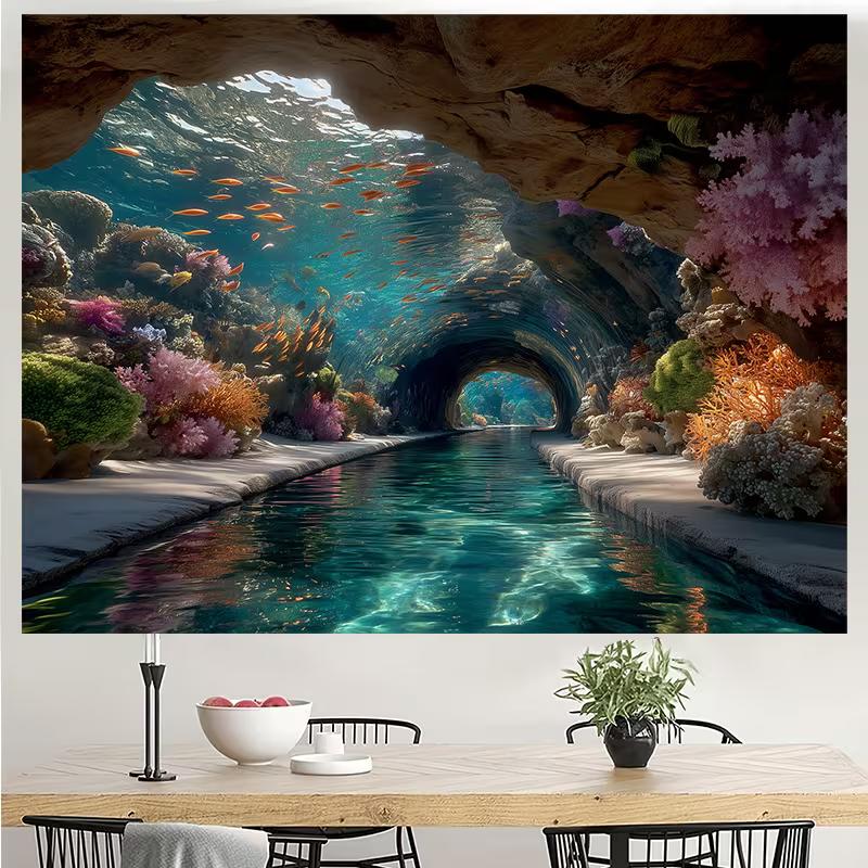 

2D Vibrant Underwater Tunnel Backdrop, Tropical Fish & Coral Photo Background for Studio 47.2x31.5inch/120*80cm