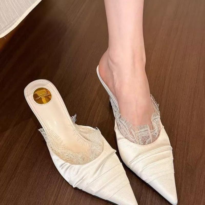 Fashion Spring New Baotou Slippers Women Fashion Pointy Folds Lace Shallow Mouth Slip-on Anti-slip Wear-resistant High Heels
