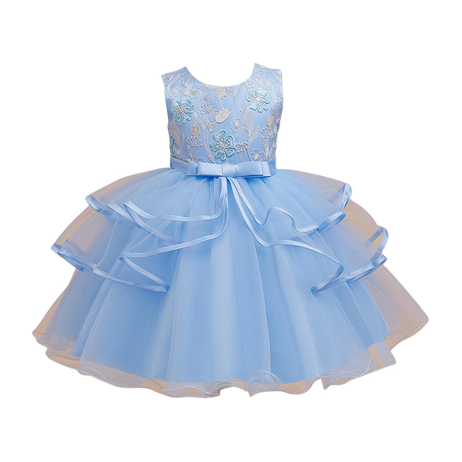 Girls Embroidered Lace Tulle Dress Princess Party Dress Bowknot Layered Skirt Sleeveless Formal Dress for Special Occasions 100