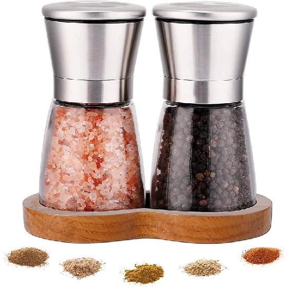 LessMo Salt and Pepper Grinder Set with Wooden Standing Tray, Refillable Pepper Mill Set - Brushed Stainless Steel - Short Glass Shakers with DI
