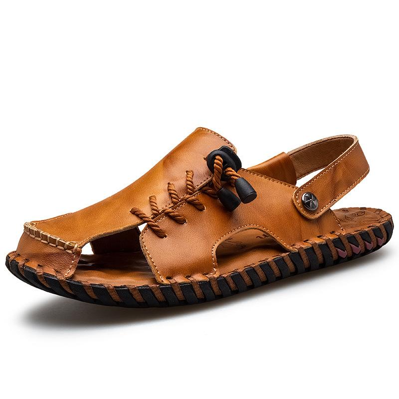 Men's Sandals Plus Size Summer Genuine Leather Closed Toe Sandals Men's Slippers Dual-Use Driving Breathable Leather Sandals