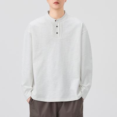 New Autumn Long-sleeved T-shirt for Men's Bamboo-stitched Simple Henry Collar Versatile Base Top