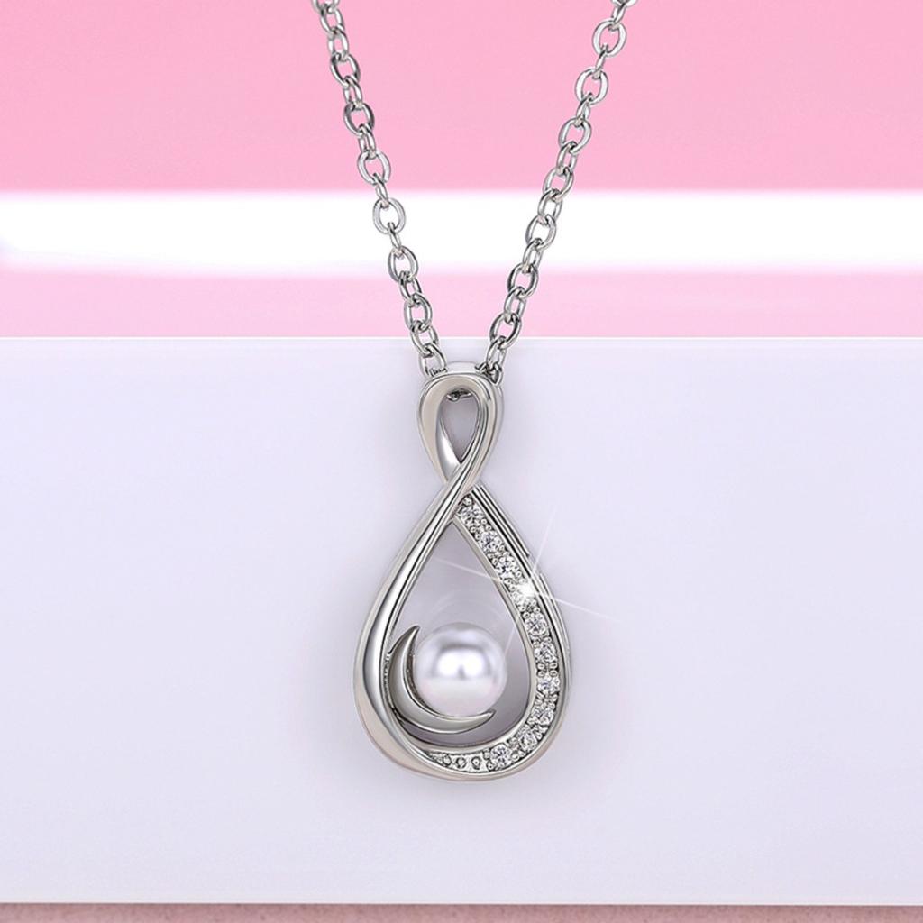 Infinity Teardrop Pendant Necklace with Pearl Center and Sparkling Stone Border Elegant Minimalist Jewelry for Women