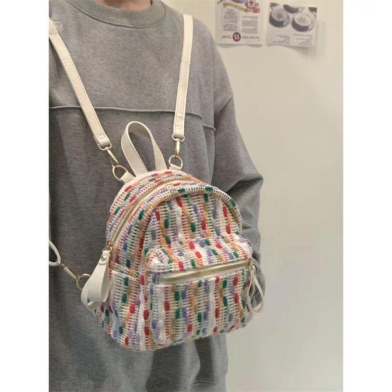 

Rainbow Knit Backpack Women Harajuku Color Block Small Capacity Student Backpack Ladies Fashion Unique Daily Mochilas Mujer 2025 19x20x14.5cm бежевый