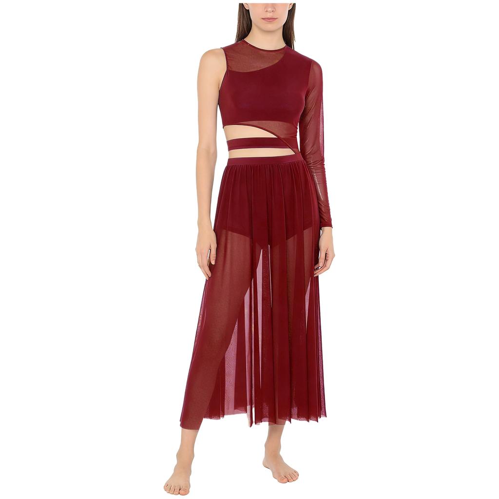 Womens Modern Lyrical Dance Costume Cutout Patchwork Sheer Mesh Latin Dance Dresses Ballroom Dancewear