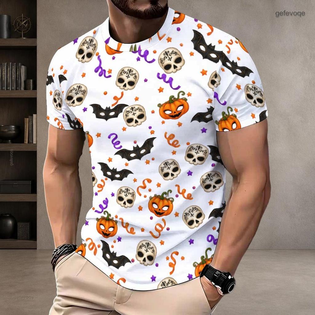 Men Plus Size Round Neck Short Sleeve T Shirt Halloween Ghost Bat Printed White Straight Hem Pullover