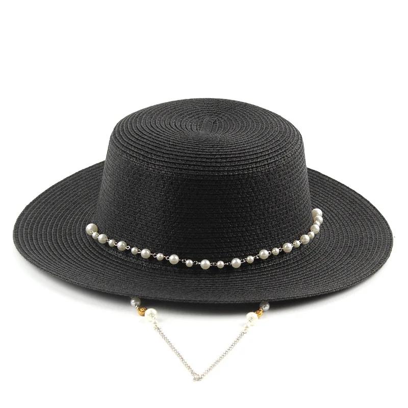 Women Summer UV Protection Straw Sun Hat Wide Brim Korean Style Pearl Decor Beach Foldable Travel Elegant Lightweight
