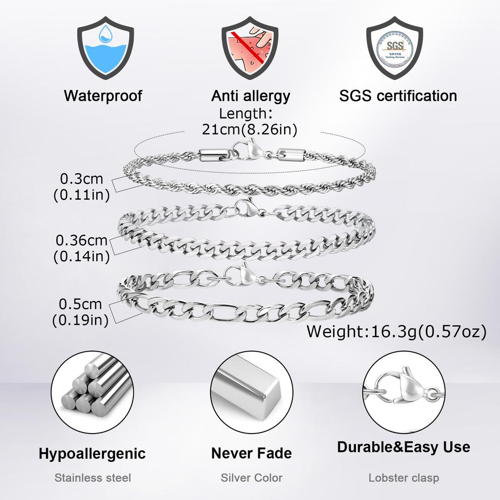 Vnox 3pcs/set Stainless Steel Chain Bracelet Set, Men's Silver Color 21cm Length Link Wristbands, Casual Jewelry Gifts for Men