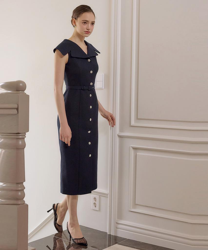 Julie And Kara 25Hs Collar124 Terroir Line Terroir Queen Sleeveless Tweed Dress Navy