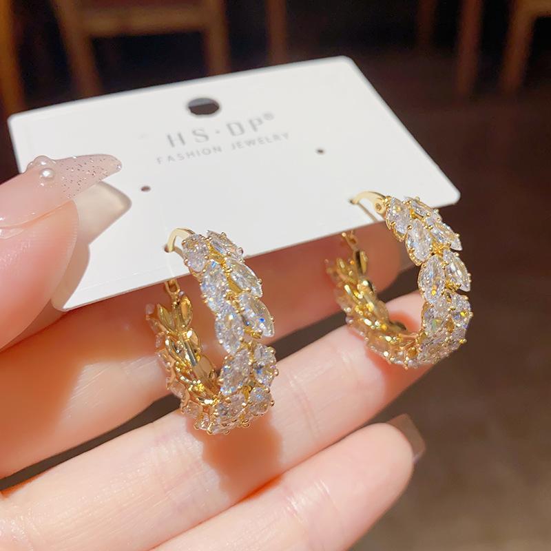 Korean Style Temperament Niche Design Zircon Wheat Ear Hoop Earrings Women Light Luxury Fashion Exquisite High-end Atmospheric Earrings