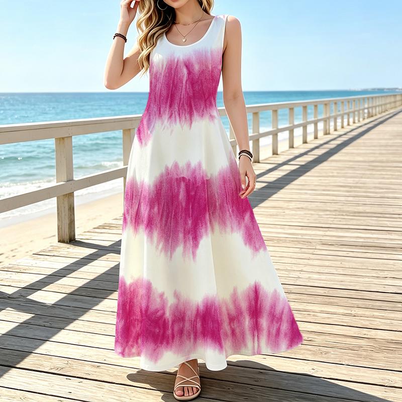 Vibrant Magenta Tie Dye Stripe Print Round Neck Sleeveless Long Dress, Vacation Beach Flowy Maxi Dress