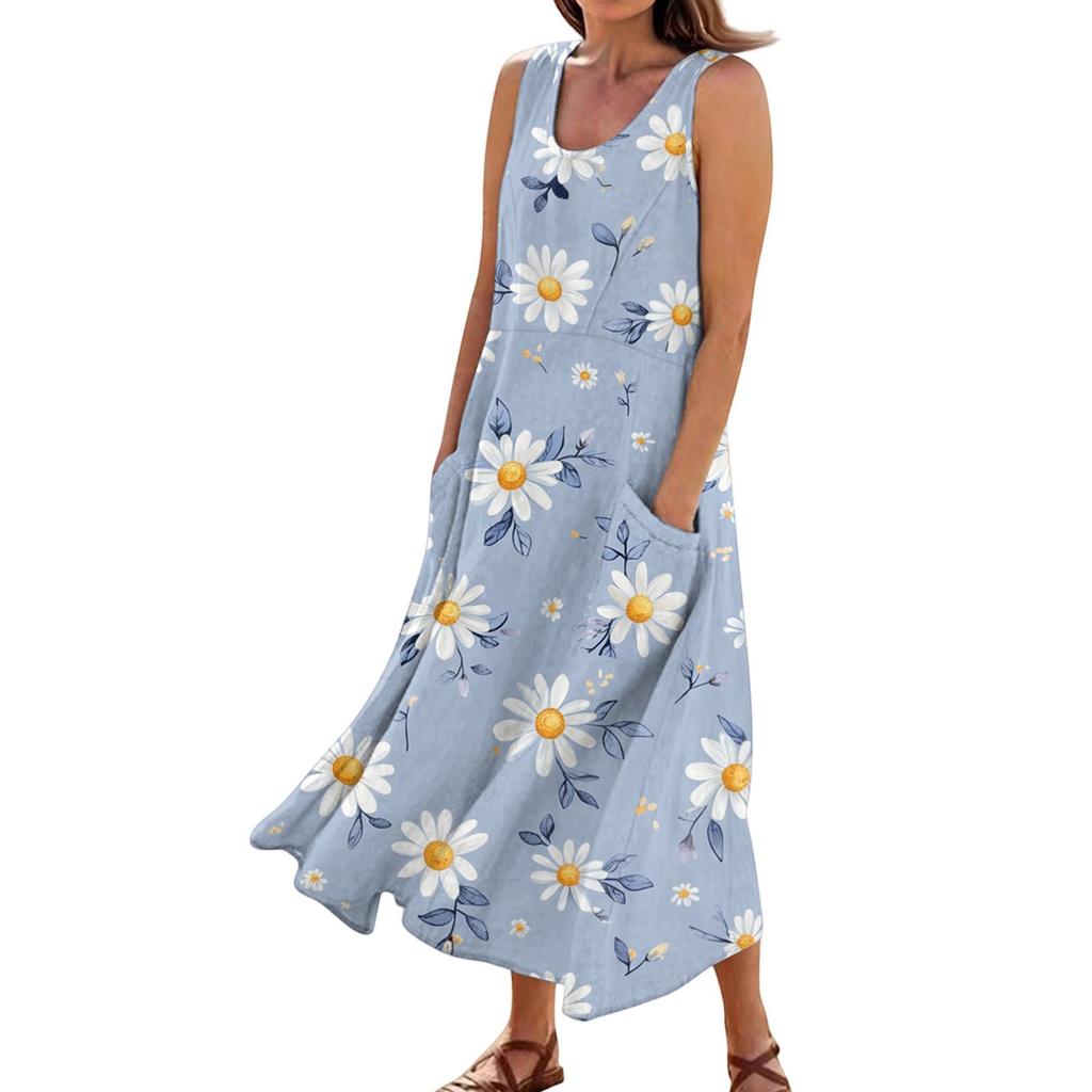 Women's Summer Casual Fashion Floral Print Sleeveless Pocket Dress