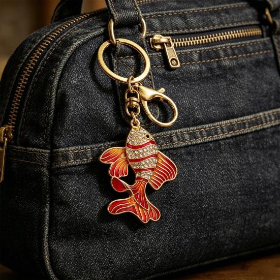 Zinc Alloy Keychain Pendant Holder with Rhinestones Fish Shape Key Inlaid Enamel Craft