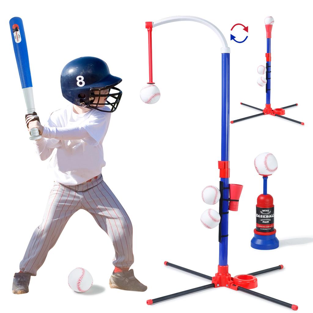 3-in-1 Kids Baseball Toy Set with Hanging Ball  Launcher Adjustable Height Toddler Baseball Set