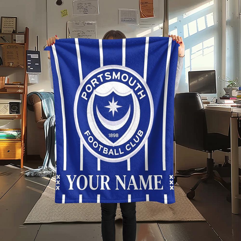 Custom Name Portsmouth FC Flannel Blanket, High quality Comfortable for All Seasons, Home Decor, Warmth and Comfort