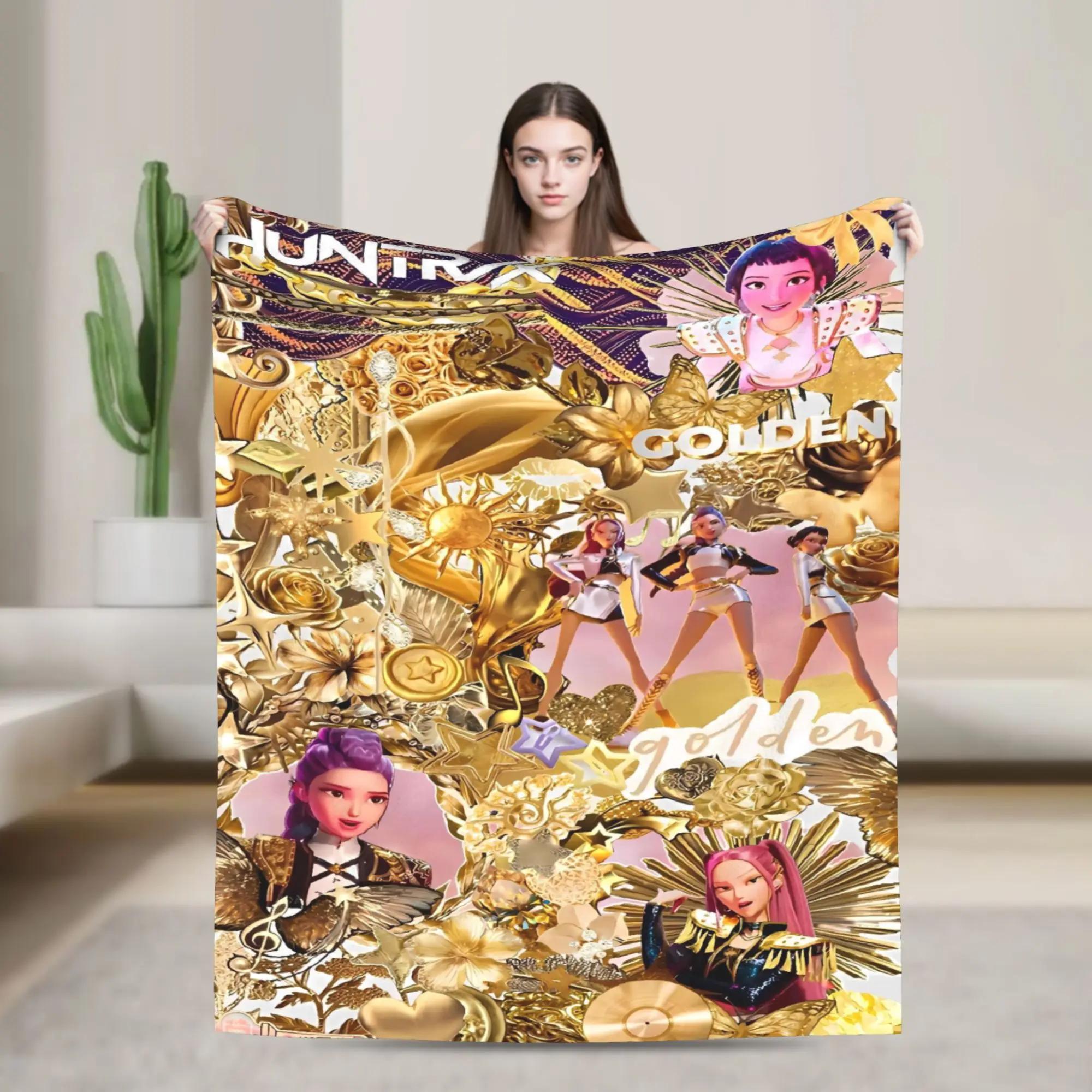 

K-pop Охотники на демонов Золотая музыка Фланелевый плед для путешествий, офиса, кровати, дивана и использования на открытом воздухе Теплое эстетичное покрывало 40x50inch 101x127cm