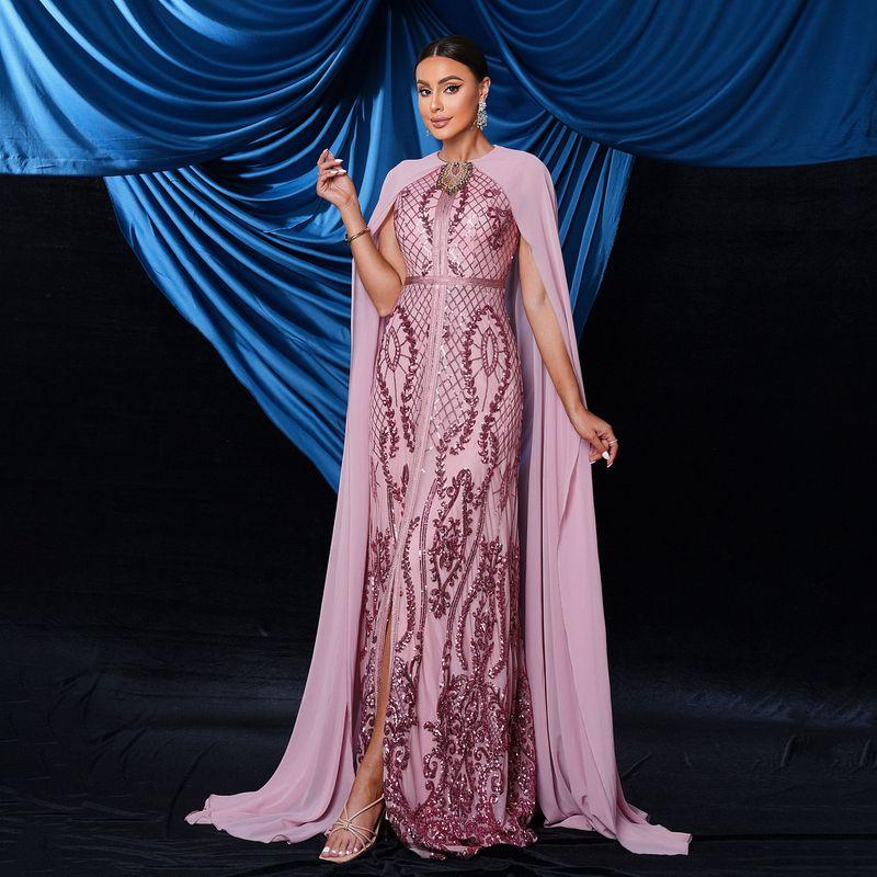 Women Elegant Evening Party Dress Long Sleeve Birthday Party Long Dress Light Pink S