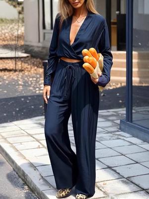 2025 Women's Solid Color Loose V-Neck Long Sleeve Top & Straight-Leg Pants Set for a Mature Look
