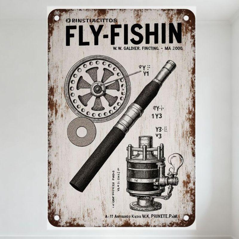 

Vintage Fly Fishing Equipment Metal Tin Sign, Retro Rustic Fishing Reel Rod Tool Wall Plaque for Man Cave Bar Home Decor 20x30cm（7.8x11.8inch）