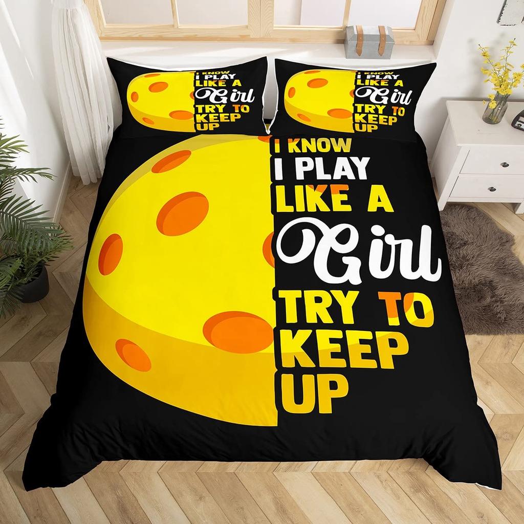 Pickleball Duvet Cover Full Size Ball Sports Gaming Bedding Set Yellow White Quotes Comforter Cover Black Microfiber Quilt Cover