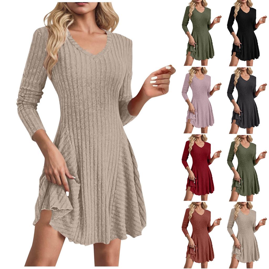 Women's Fashion Casual Solid Color V-neck Long-sleeve A-line Dress