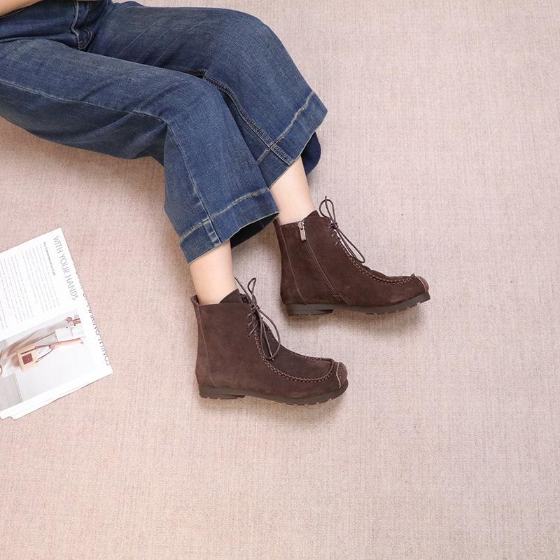 Johnature Retro Cow Suede Lace Up Short Boots Versatile Square Toe Soft Sole Comfortable Women's Ankle Boots