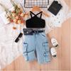 Girls' Fashion Set: Summer Children's Short Strappy Top + Denim Trousers + Waist Bag Three-piece Set