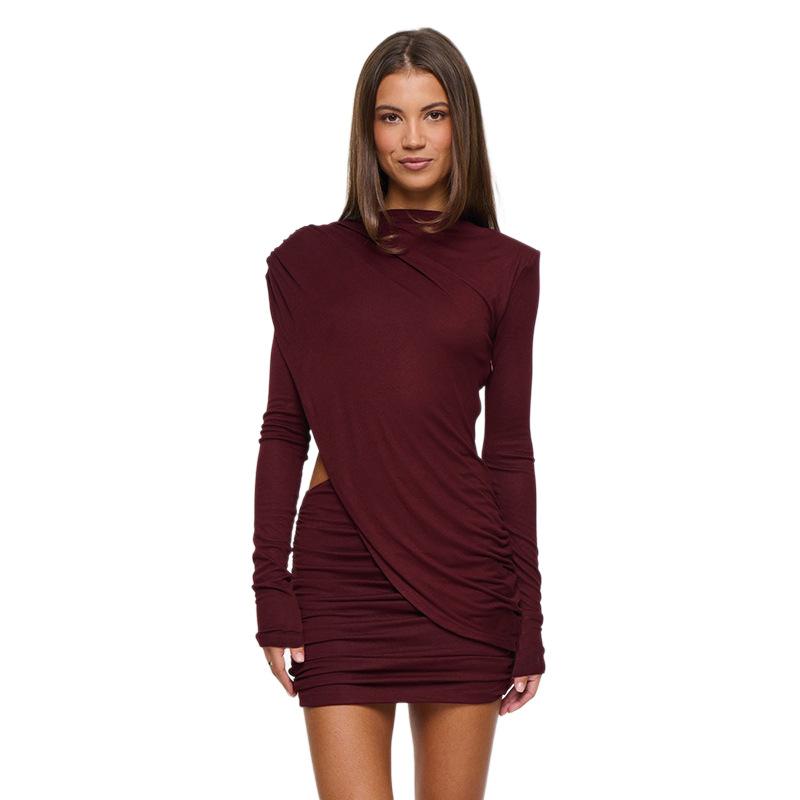 Autumn and winter new European and American women's clothing temperament solid color irregular waist long-sleeved pleated hip-wrapped dress