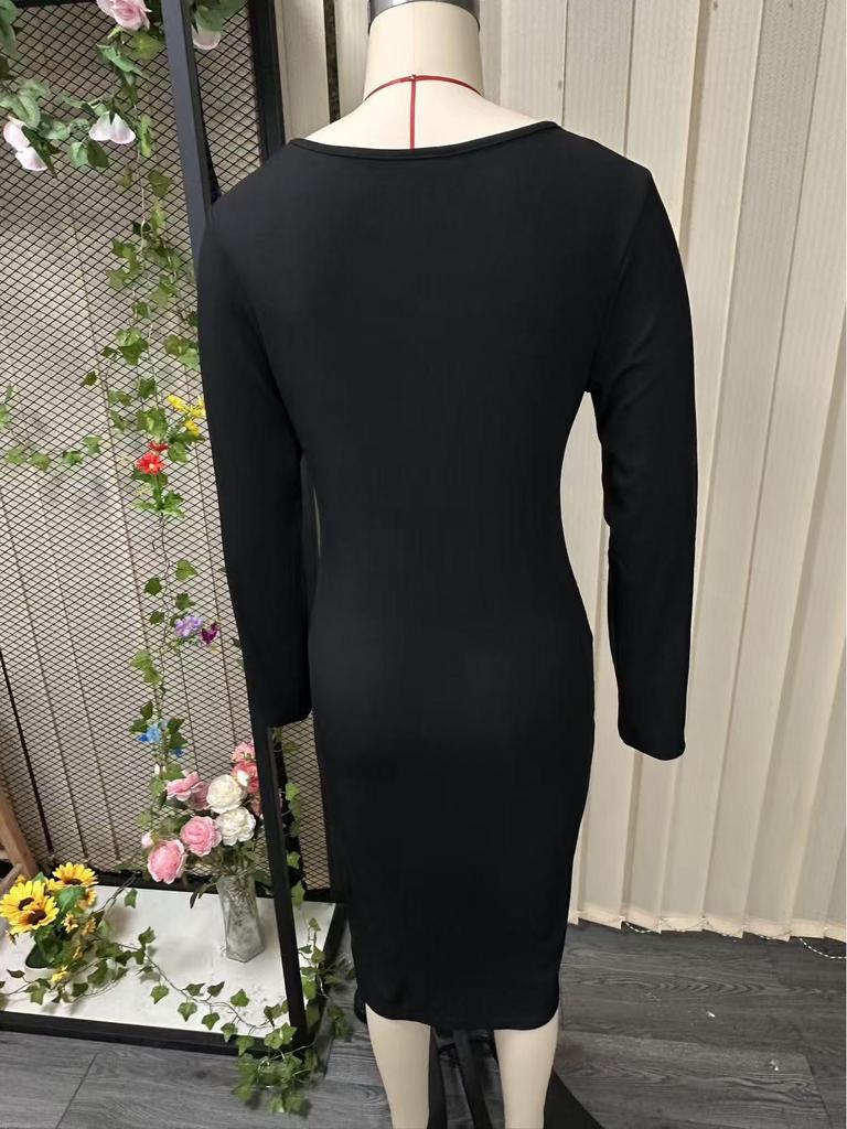 Elegant Slim Fit Long Sleeve Knit Dress with Slit - Spring & Autumn Collection