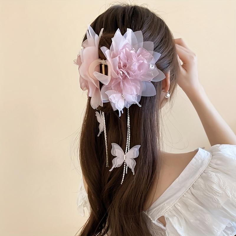 1PC Sweet Fresh Fashion Acrylic Flower Mesh Butterfly Fringed Hair Grab