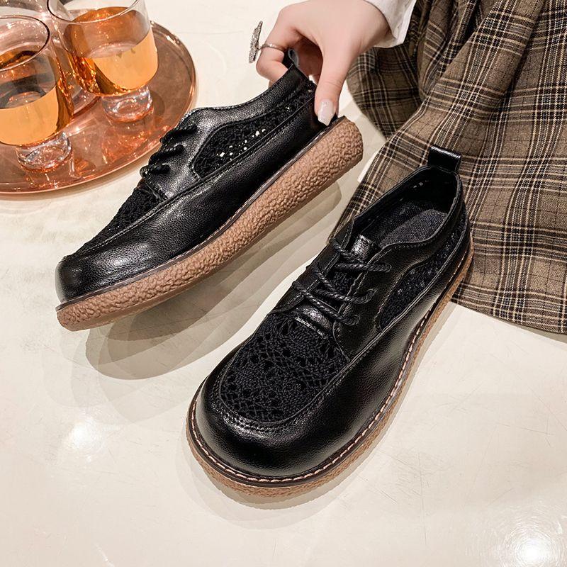 Fashion Mesh Breathable Leather Flat Women's Shoes Lace Up Cute Kawaii Female Footwear Cheap Korean on Offer Casual Daily Routine Cotton