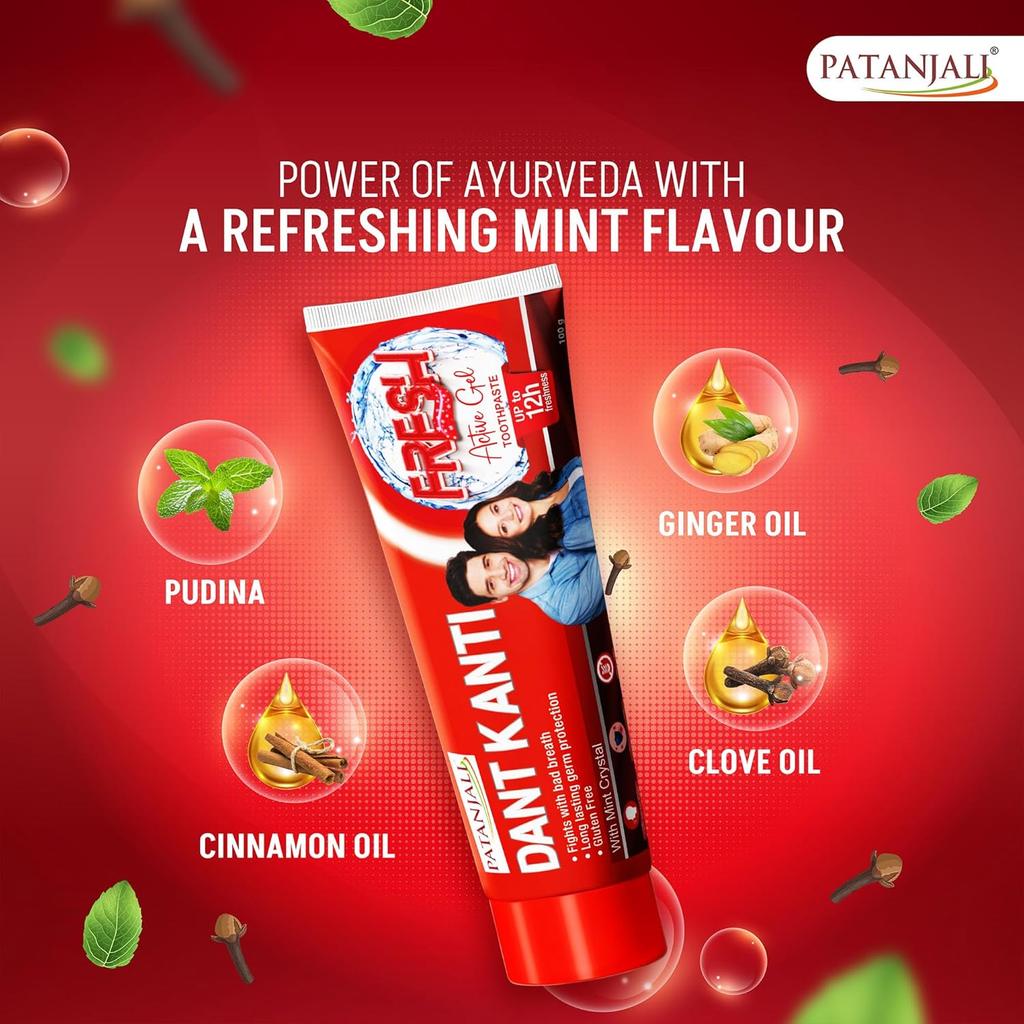 Patanjali Dant Kanti Fresh Active Gel Toothpaste 300 G Mint Crystal Deep Clean Gum Care Strong Teeth Fresh Breath