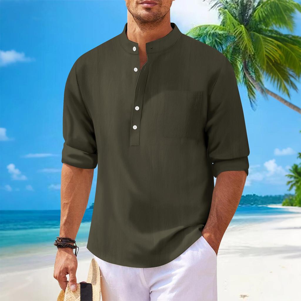 Men's New Solid Color Casual Cotton And Linen Standing Collar Long Sleeved Shirt