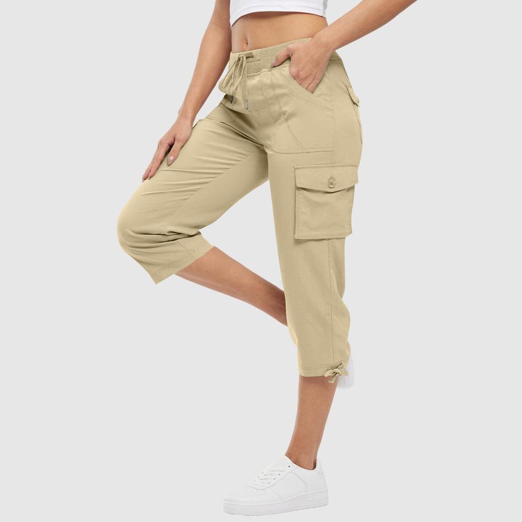 Women Capri Cargo Pants with Drawstring Waist Loose Fit Lightweight Cropped Trousers with Multiple Pockets for Daily Wear
