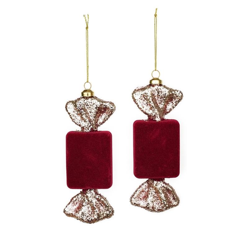Wine Red Christmas Decorations with Soft-Looking Textured Finish, Gold Trim, and Hanging String for Holiday Tree and Porches