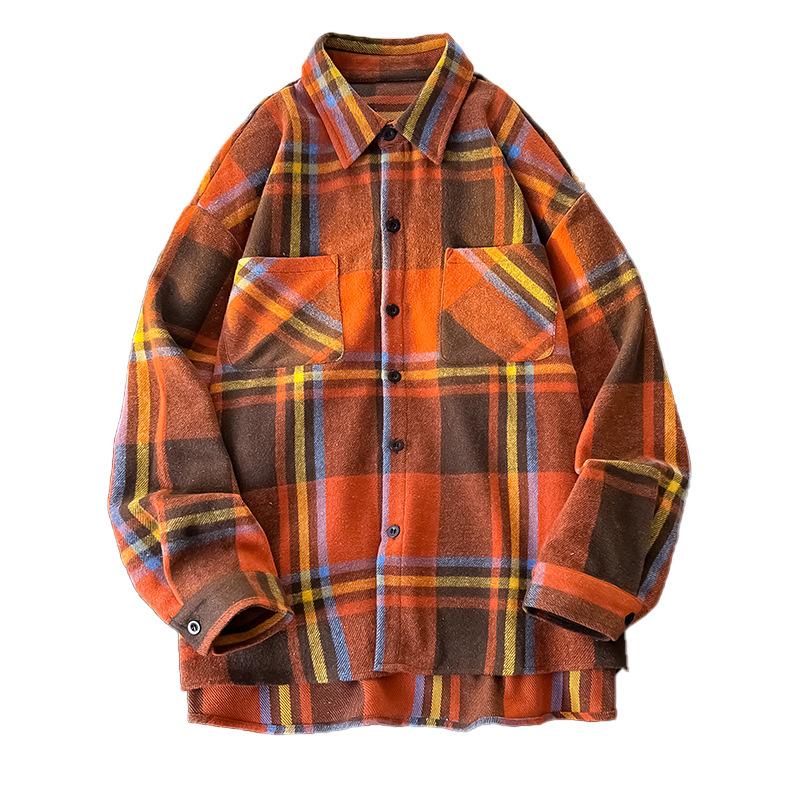 Japanese Retro Men's Contrasting Color Plaid Long-sleeved Shirt Loose Jacket Men and Women's Shirt Versatile Jacket