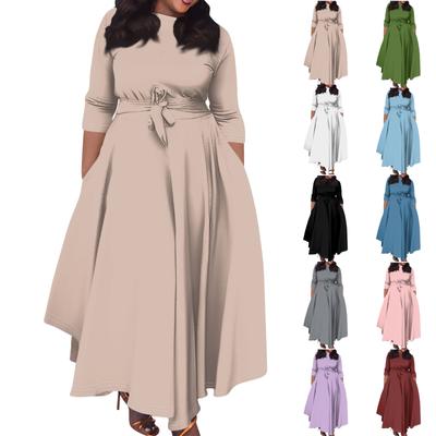 Women's Casual Fashion Large Size Solid Color Round Neck Three-quarter Sleeve Pocket Straps Swing Dress