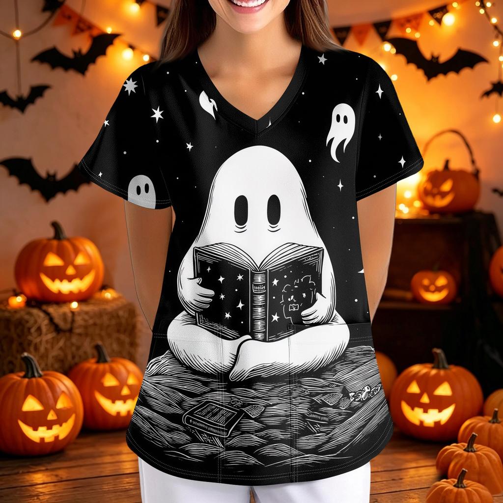 Women Halloween Print Loose V Neck Short Sleeve Medical Scrub Top Nurse Uniform with Pockets Comfortable Fit Professional Workwear