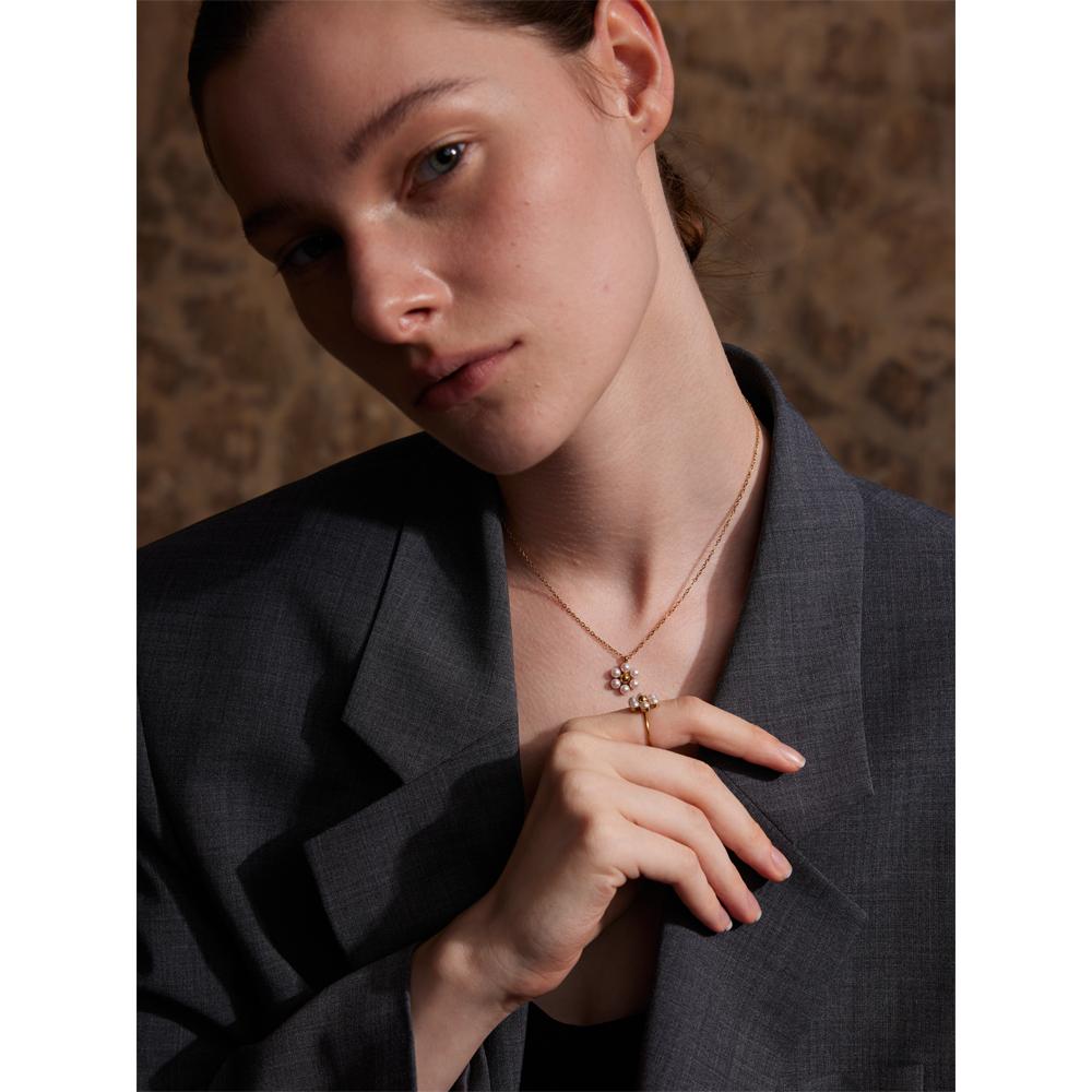 Yhpup Fashion Imitation Pearls Flower Pendant Necklace Ring for Women Chic Stainless Steel Daily Wear Jewelry Wholesale Women