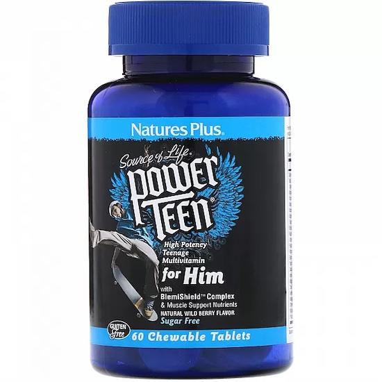 Nature's Plus- Source of Life, Power Teen, For Him, Sugar Free, Natural Wild Berry Flavor, 60 Chewable Tablets