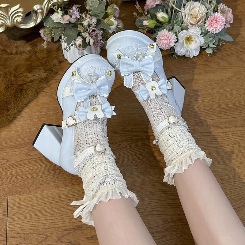 Lolita women's shoes bow shallow mouth Japanese Lolita shoes cute girl round head middle heel loli single shoes