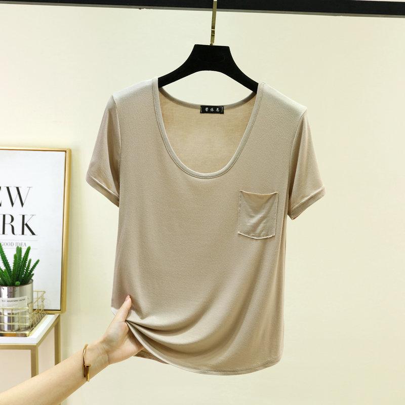 Women's U Neck T-Shirt 2026 Summer Modal Basic Short Sleeve Tshirts Loose Fit Relaxed Casual Tee Tops Solid Pocket Tees