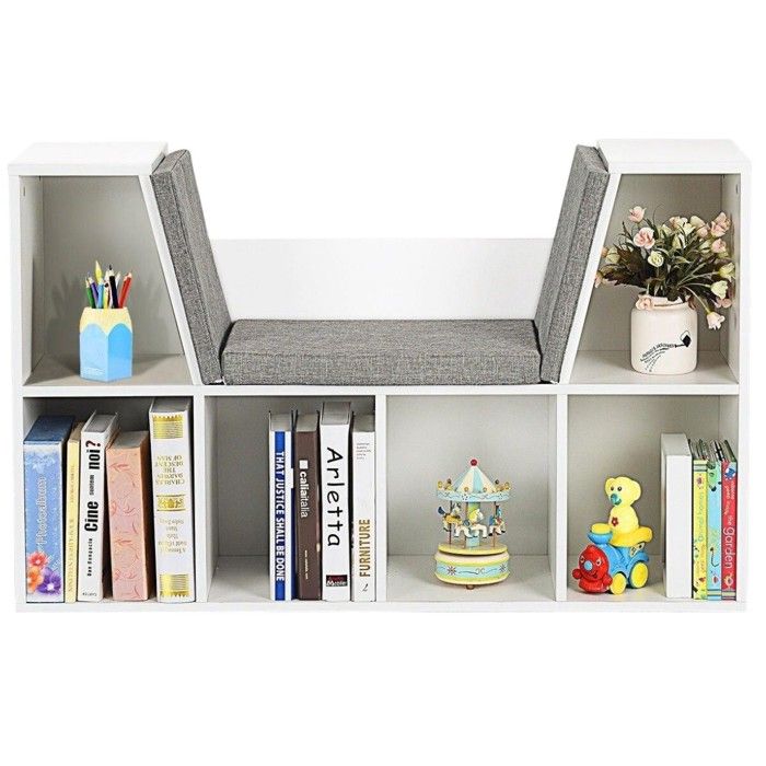 GINGER HOME – Bibliothèque enfant 3-en-1 avec banc, 6 casiers + 2 étagères, coussins, blanc, 112×28×61 cm