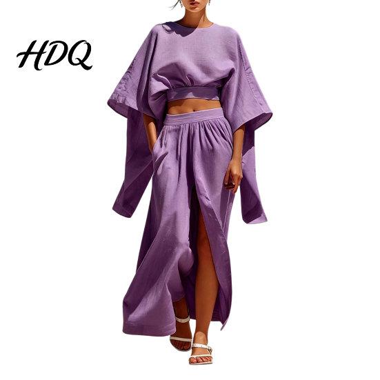 Polyester Fiber Outfit Women Summer 2 Piece Outfits Batwing Half Sleeve Crop