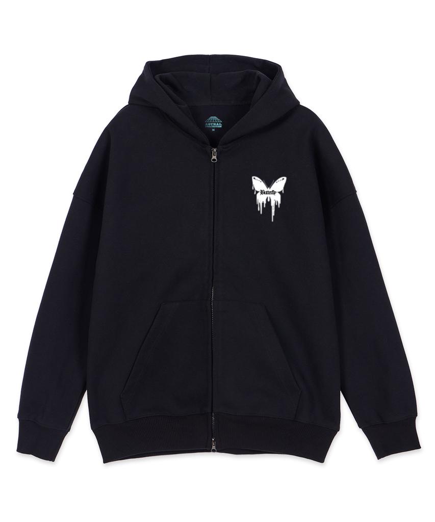 Astral Projection Butterfly Oversized Wide Shoulder Hooded Zip-Up_Black