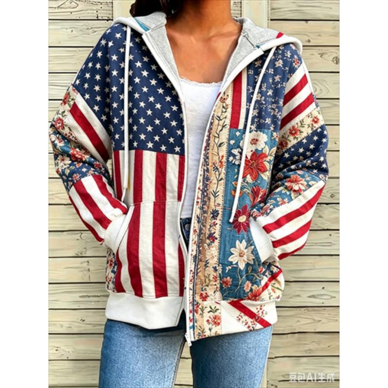 Zipper Splicing Fashion Loose Women's Casual Flower Print Hoodie Fashion Spring And Summer